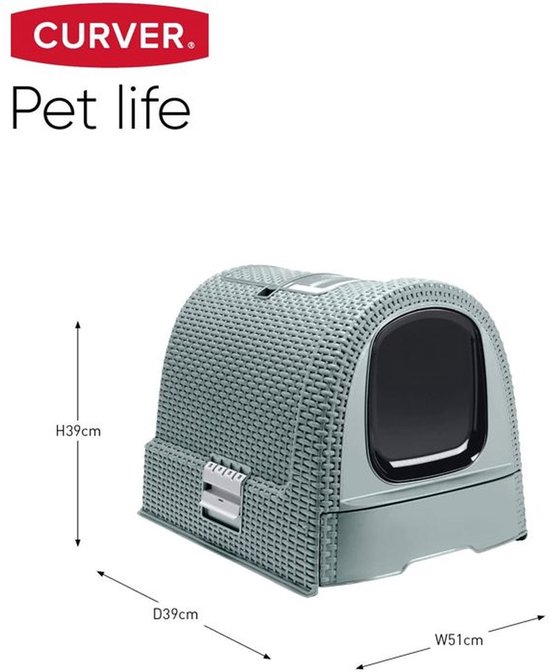 Grijze Curver kattenbak met een geweven structuur, H39cm, D39cm, W51cm.