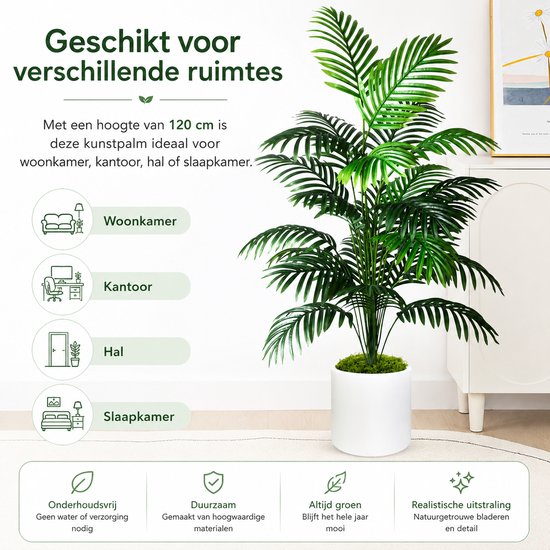 Kunstpalm van 120 cm in een witte pot, geschikt voor woonkamer, kantoor, hal en slaapkamer.