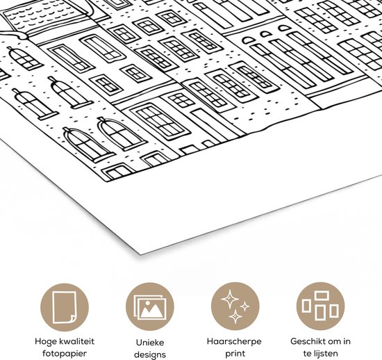 Schematische zwart-wit tekening van Amsterdamse grachtenpanden op fotopapier.