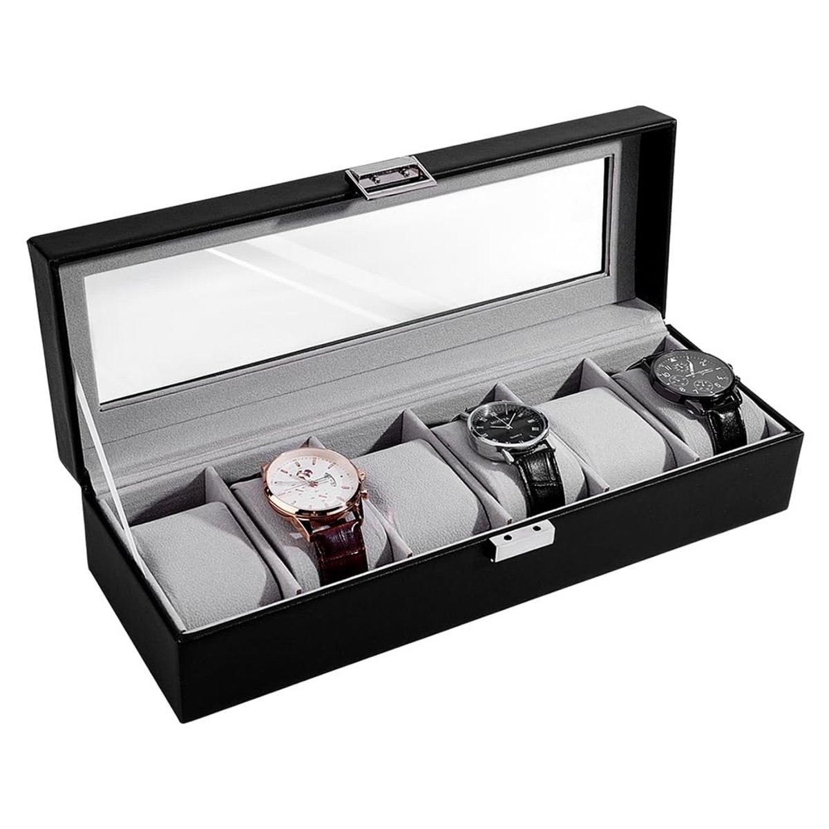 Dailygoods- Horlogekast met 6 sleuven - PU-lederen Horlogedoos - Glazen deksel - Zwarte afsluitbare case - Zacht kussen - Perfect voor reizen