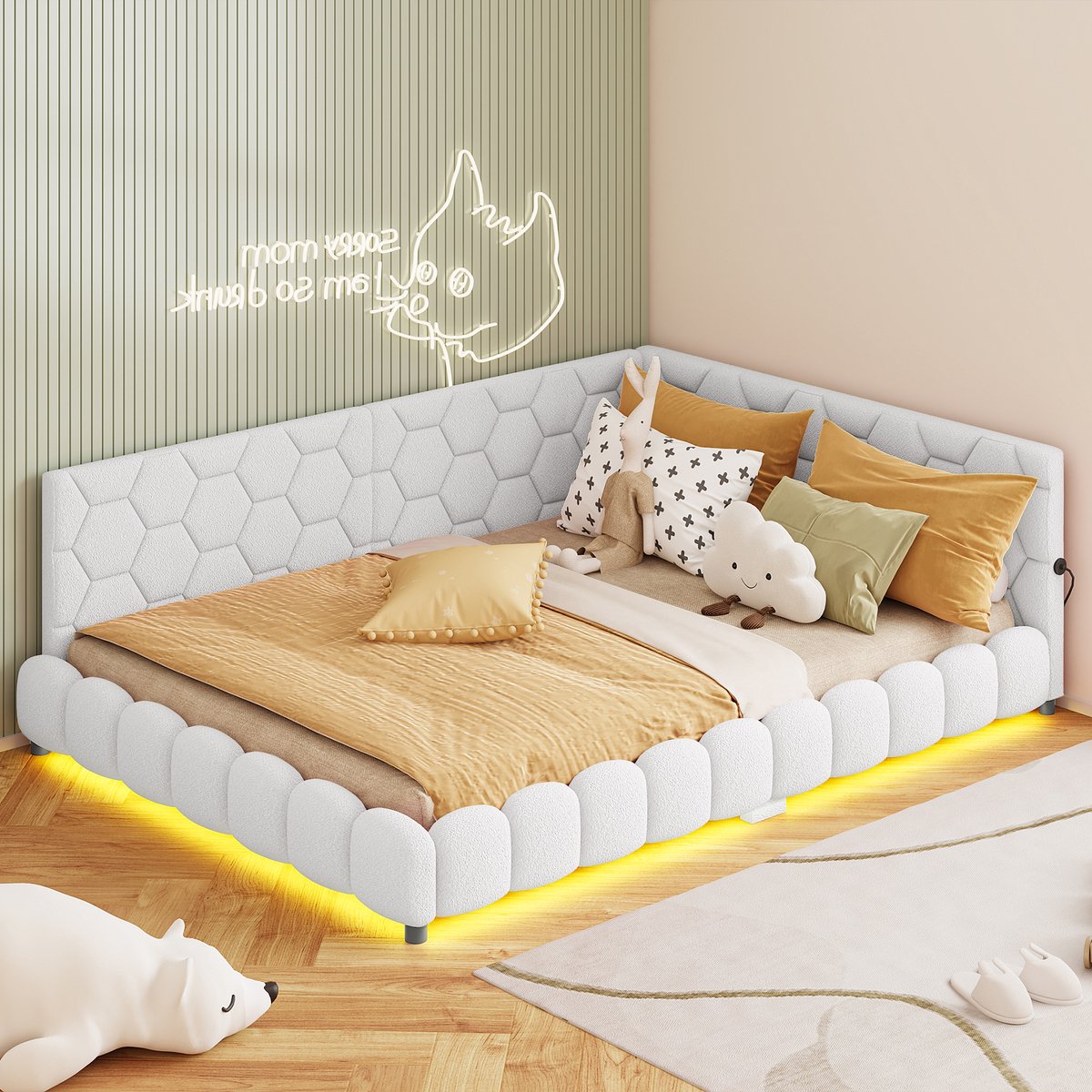 Slaapbank 140x200 Beige – Velvet Gestoffeerd Bed met 16 Kleuren LED & USB Aansluiting – Moderne Bedbank – Kinderbed/Tienerbed