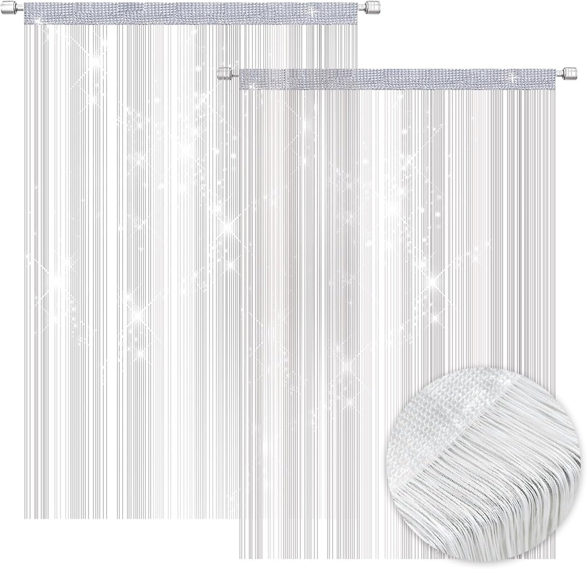 Set van 2 Draadgordijnen 100 x 200 cm Witte Glitter Graadgordijn Etalagedecoratie Kamerverdeler Vliegengaas Decoratief Gordijn Vliegengordijn voor Bruiloft Café Restaurant Deuren Ramen