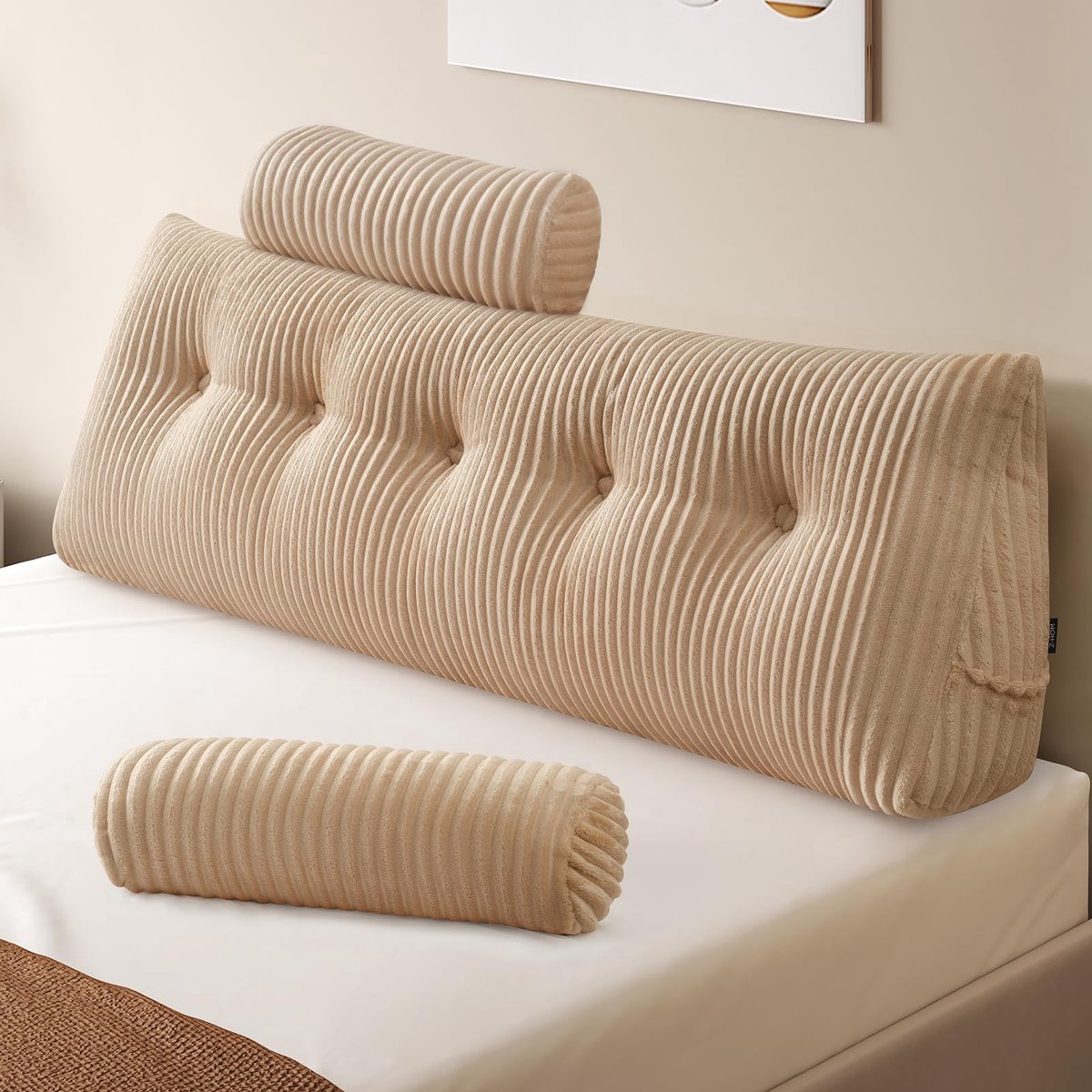 Boekenkussen, wigvormig kussen, leeskussen voor bed en bank, gezellig rugkussen, praktisch zijvak, verwijderbare hoes, met rond hoofdkussen (beige, 150 x 50 x 20 cm)