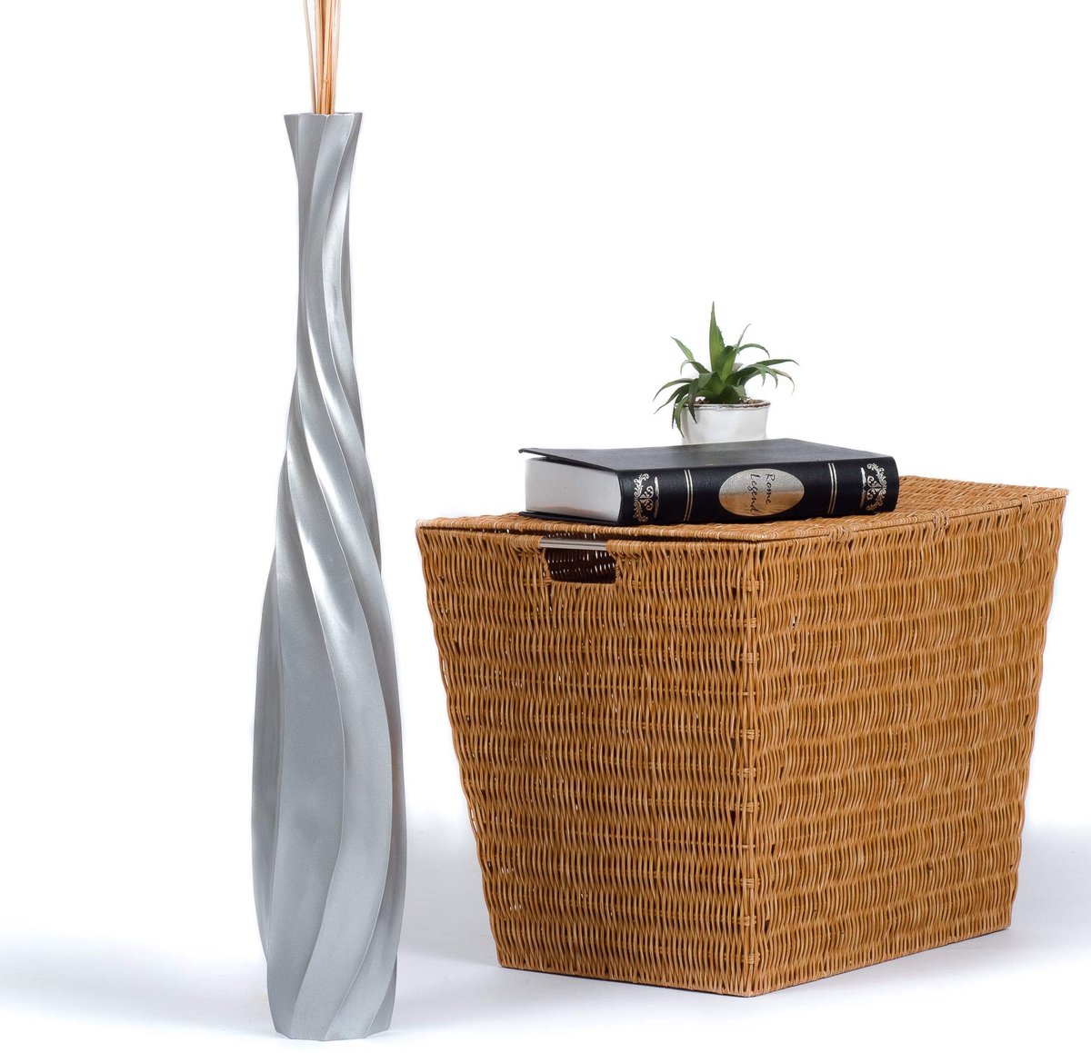Vaas 65 cm - Handgemaakte Mangohout Vaas in Zilver voor Pampasgras & Droogbloemen