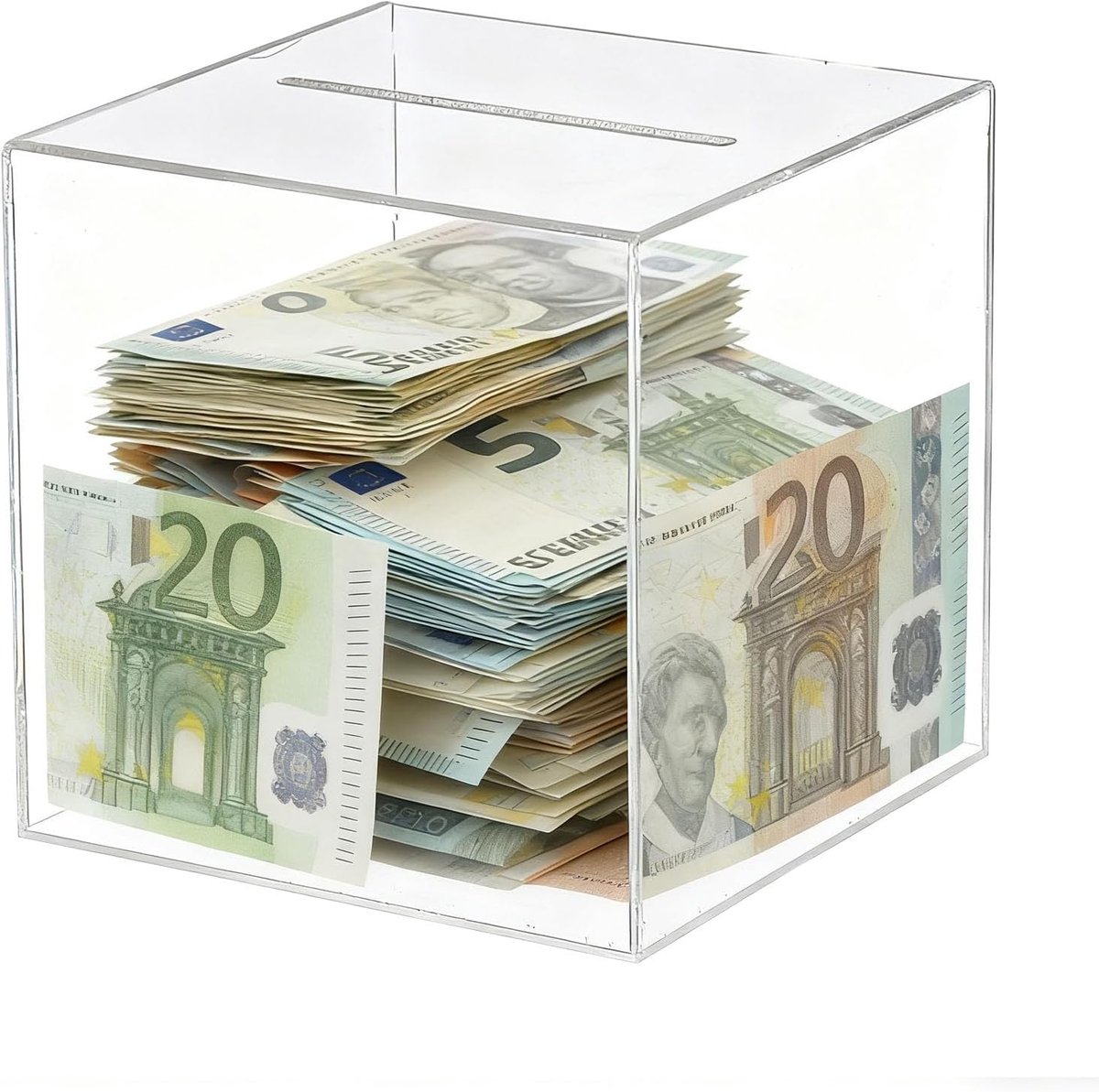 Spaarpot van acryl, niet te openen, 15 x 14,8 x 14,8 cm, transparant, groot, spaarpot, niet te openen, spaarpot voor bankbiljetten (transparant)