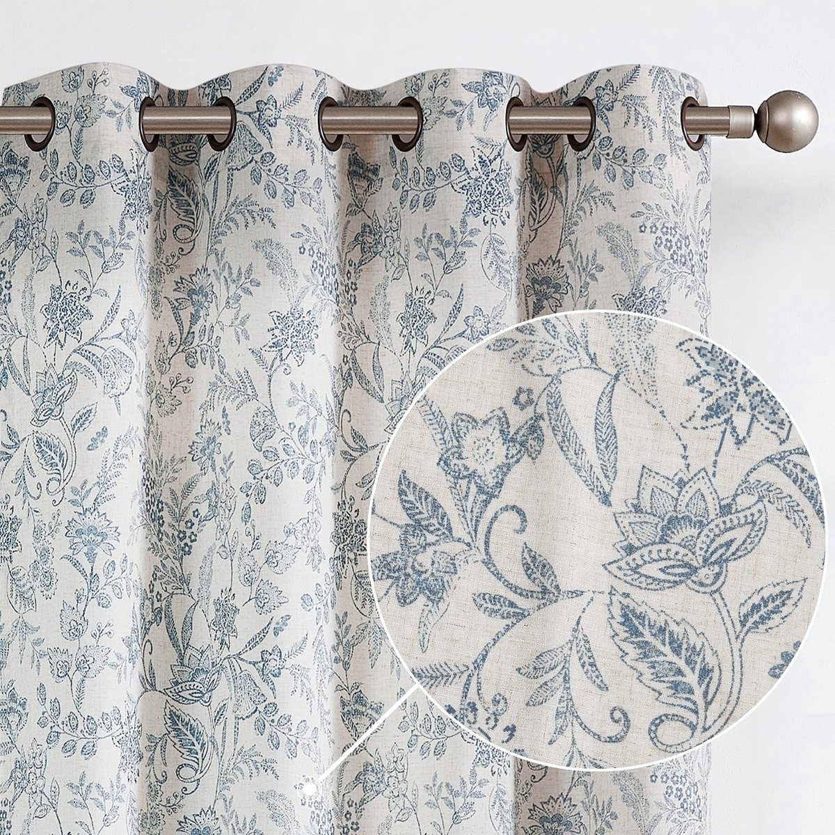 Linnen boerderij gordijnen voor woonkamer 213 cm lengte semi-bloemenprint raamgordijn gordijnen voor slaapkamer landlicht filtergordijn doorvoertule top 2 panelen blauw op beige