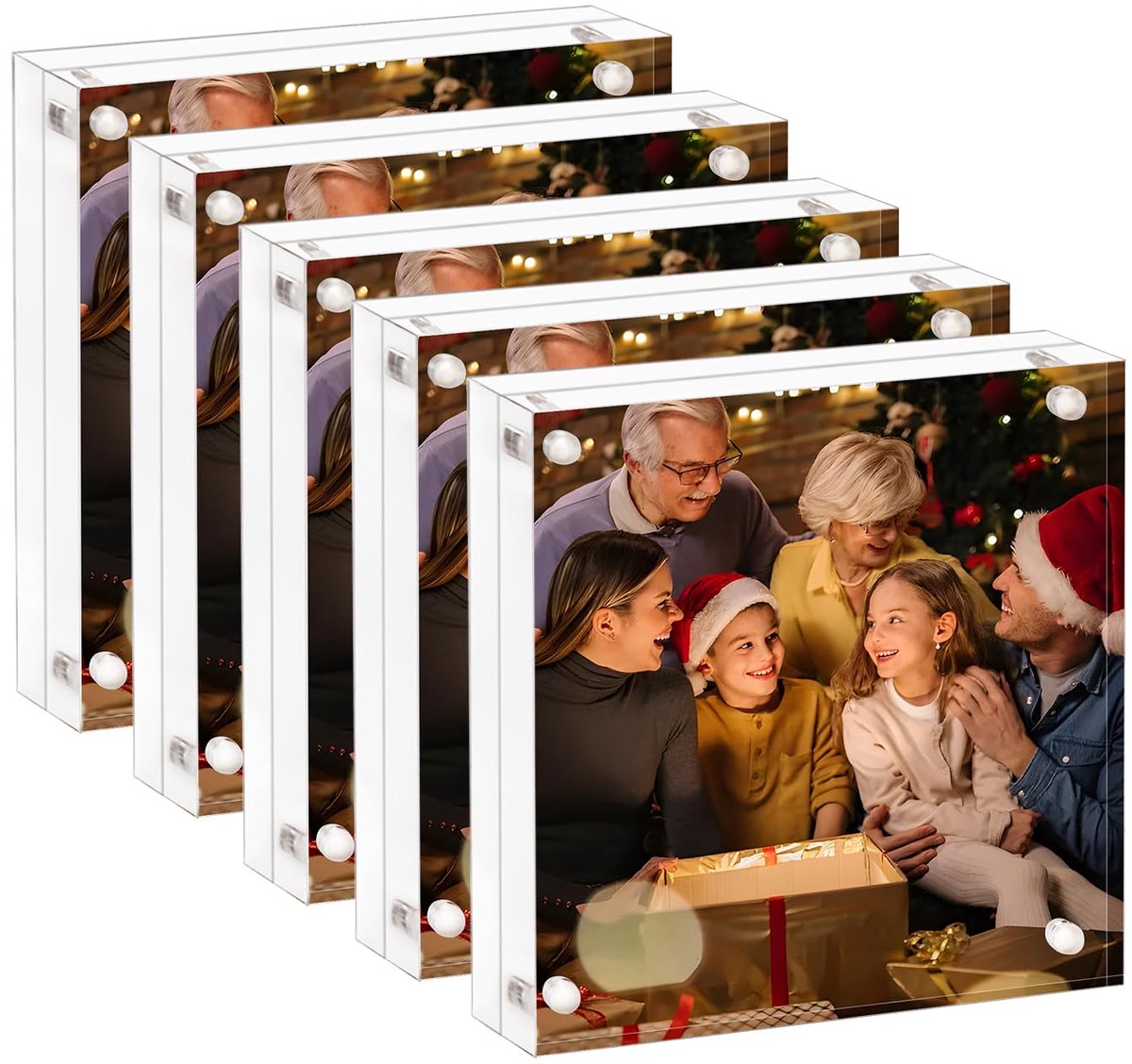 Fotolijst 8 x 8 - 5 stuks, doorzichtige dubbelzijdige frameloze fotolijst met magnetische, vrijstaande desktop acryl frame display, Lucite frame met geschenkdoos pakket, 12+12 mm dikte