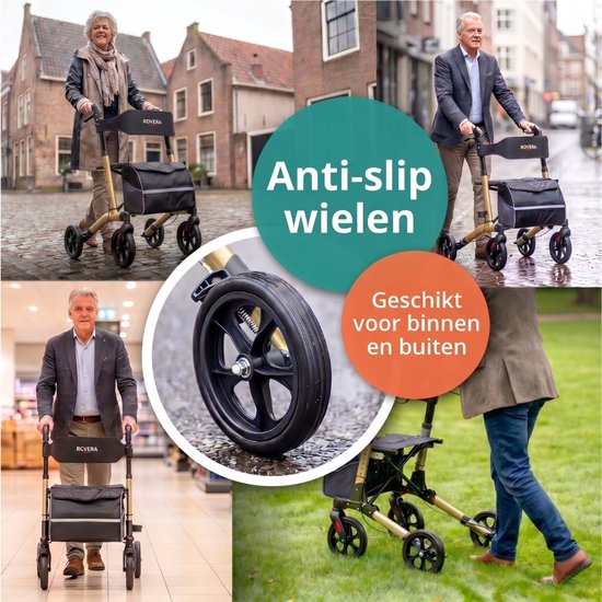 Collage van rollatorgebruik binnen en buiten, met close-up van wiel
