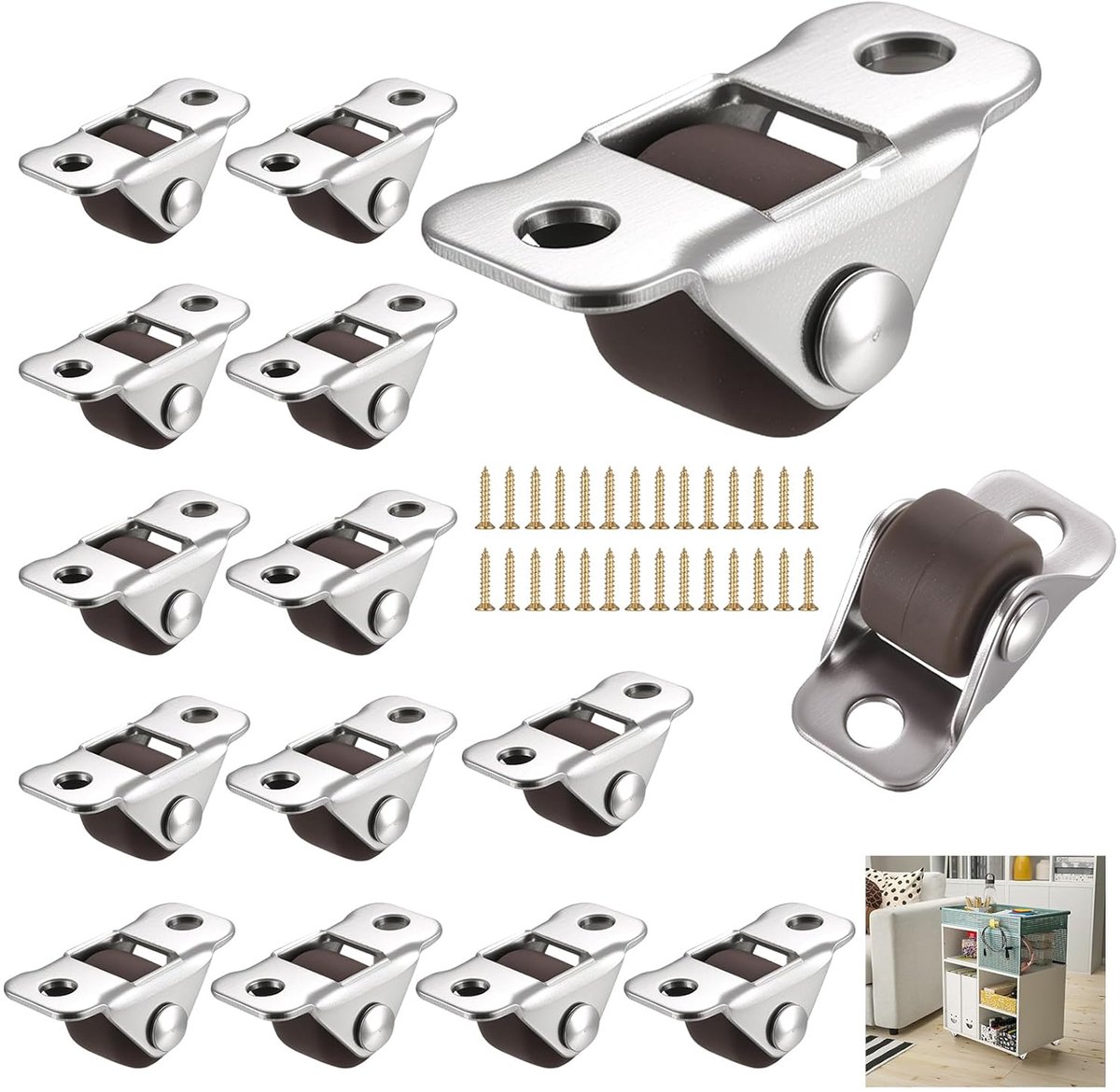 14 stuks mini-meubelwielen, 12 mm, kleine rollen voor meubels, mini-wielen, meubelwielen, zware wielen, platte zwenkwielen met montageplaat voor kasten, gereedschapskisten, kleine apparaten