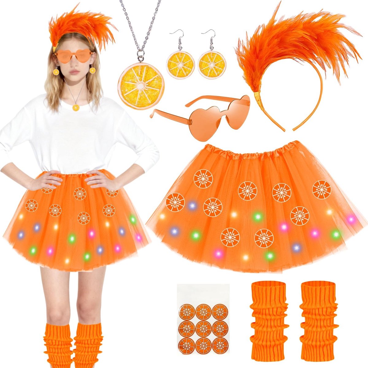 Dailygoods- Carnavalskostuum 7-delig - Aperol Kostuum - Dames Kostuum - Oranje Tule Rok - Feestoutfit - Uniek Design - Themakostuum