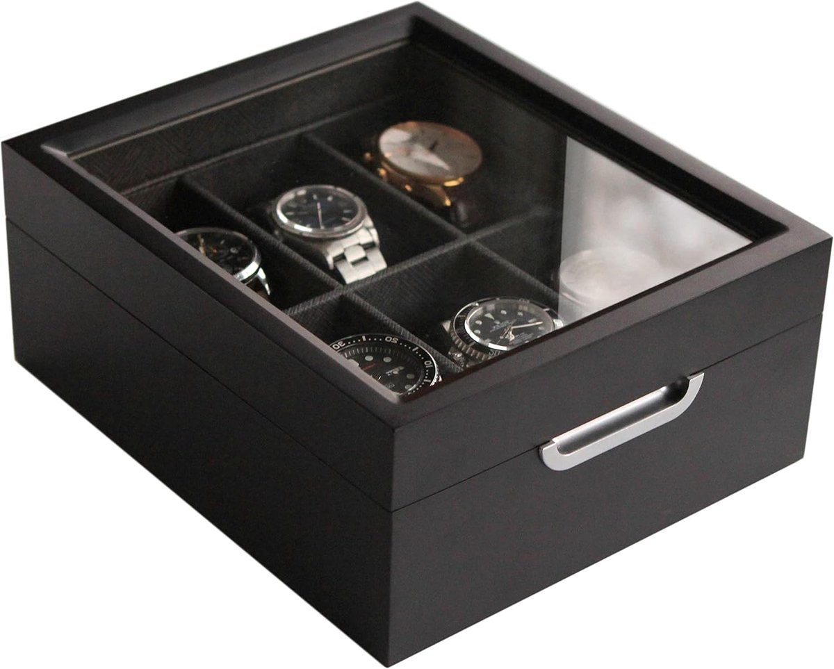 ELEGANCE Horlogebox 2x3 moderne zwarte afwerking met aluminium handvat - voor 6 horloges met echt glas top
