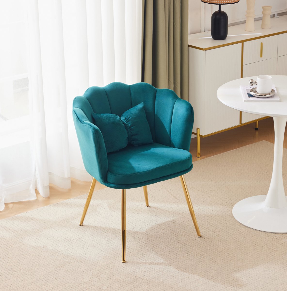 DESMIU Fauteuil 63 Cm - Bloemvormige Rugleuning Met Kussen En Gouden Metalen Poten - Voor Woonkamer, Slaapkamer En Eetkamer - Velvet - Groen
