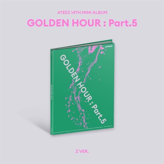 Couverture d'album ATEEZ 14TH MINI ALBUM GOLDEN HOUR : Part.5 en vert avec texte rose et détails d'eau. Z VER.