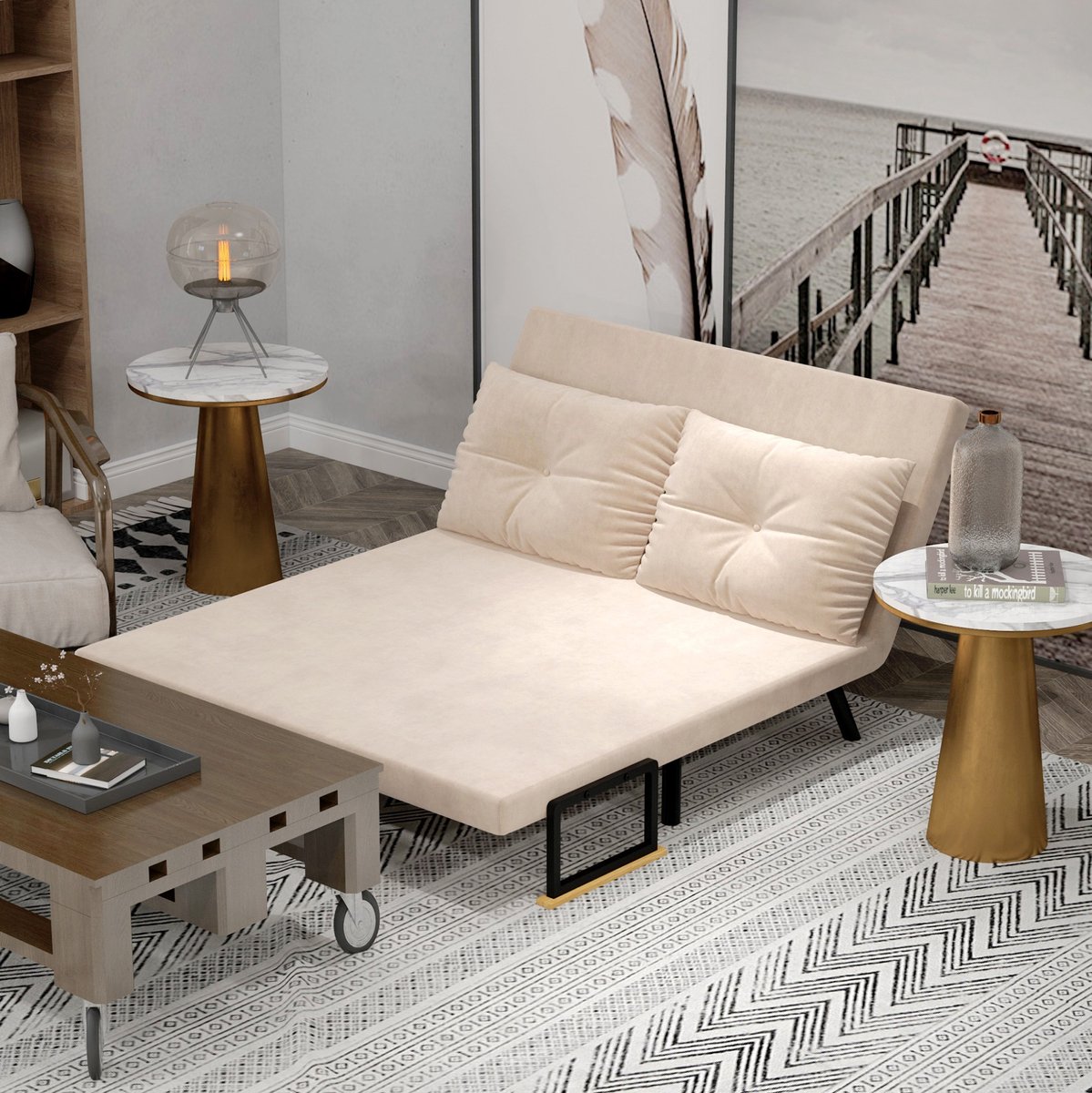 MIVRAY Fauteuil 102 x 73 x 81 Cm Verstelbare Rugleuning Tot 180 Graden Slaapstoel En Klapsofa Voor Woonkamer Polyester Beige