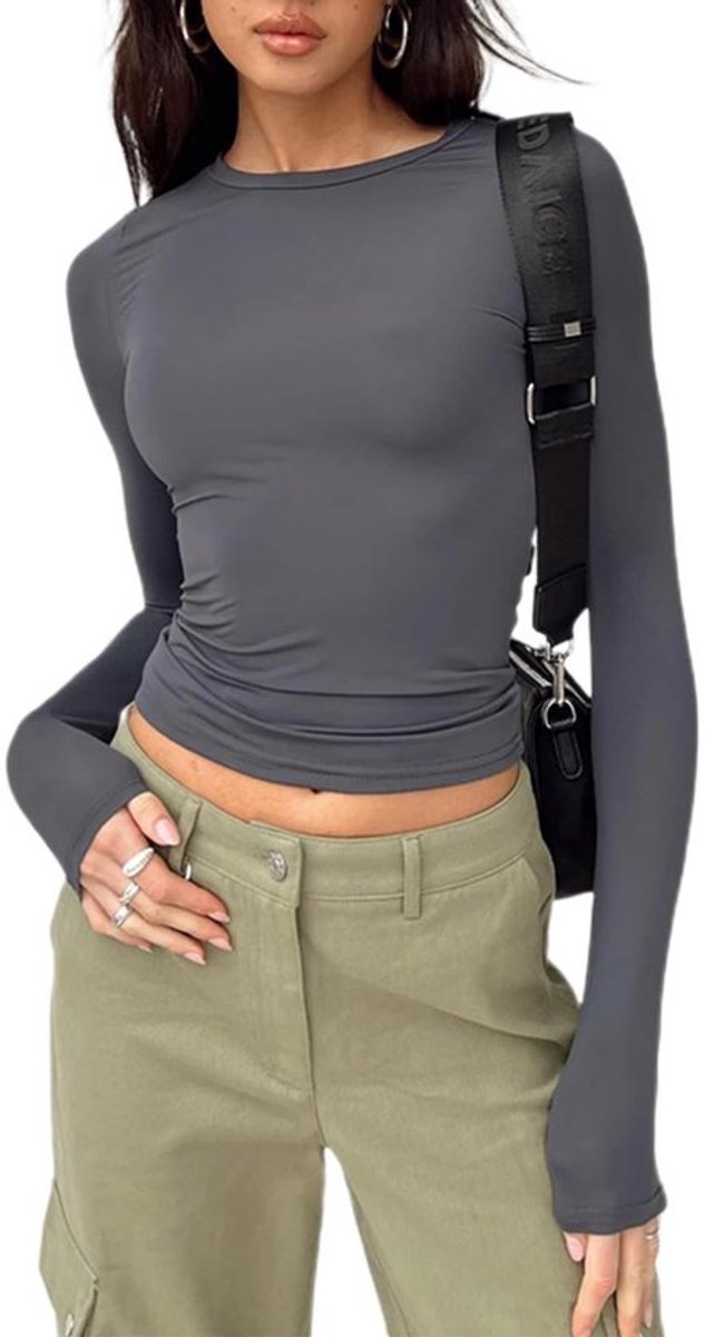 Dailygoody Croptop met lange mouwen Basic T-shirt Slanke Zwart