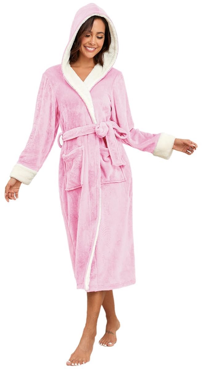 Fleece Badjas met Capuchon en Witte Boorden - Lange Zachte Slobkous - Knus Winter Huispak