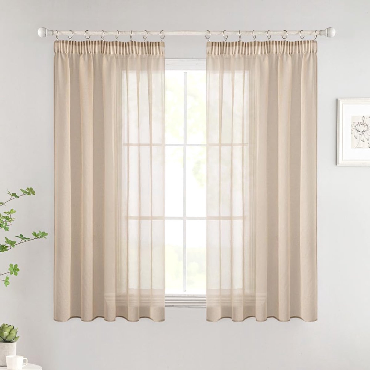 korte transparante gordijnen, transparante draperieën met plooiband, moderne decoratieve gordijnen voor slaapkamer, woonkamer, huis, set van 2, 140x160cm, beige