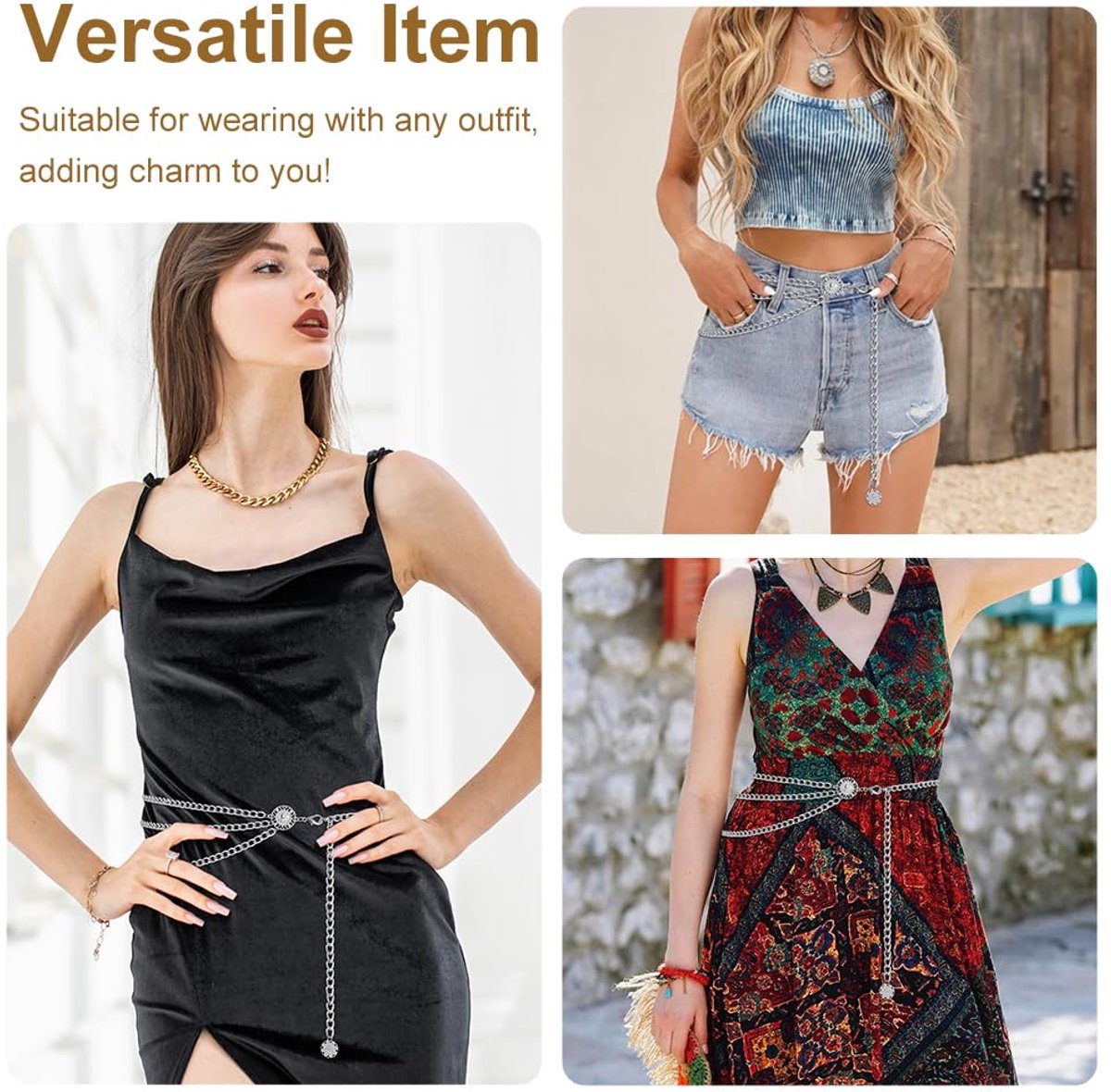 Kettingriem, verstelbare metalen tailleketting, damesriem in western cowboystijl, geschikt om te combineren met jurken en jeans, gemaakt van metaal.