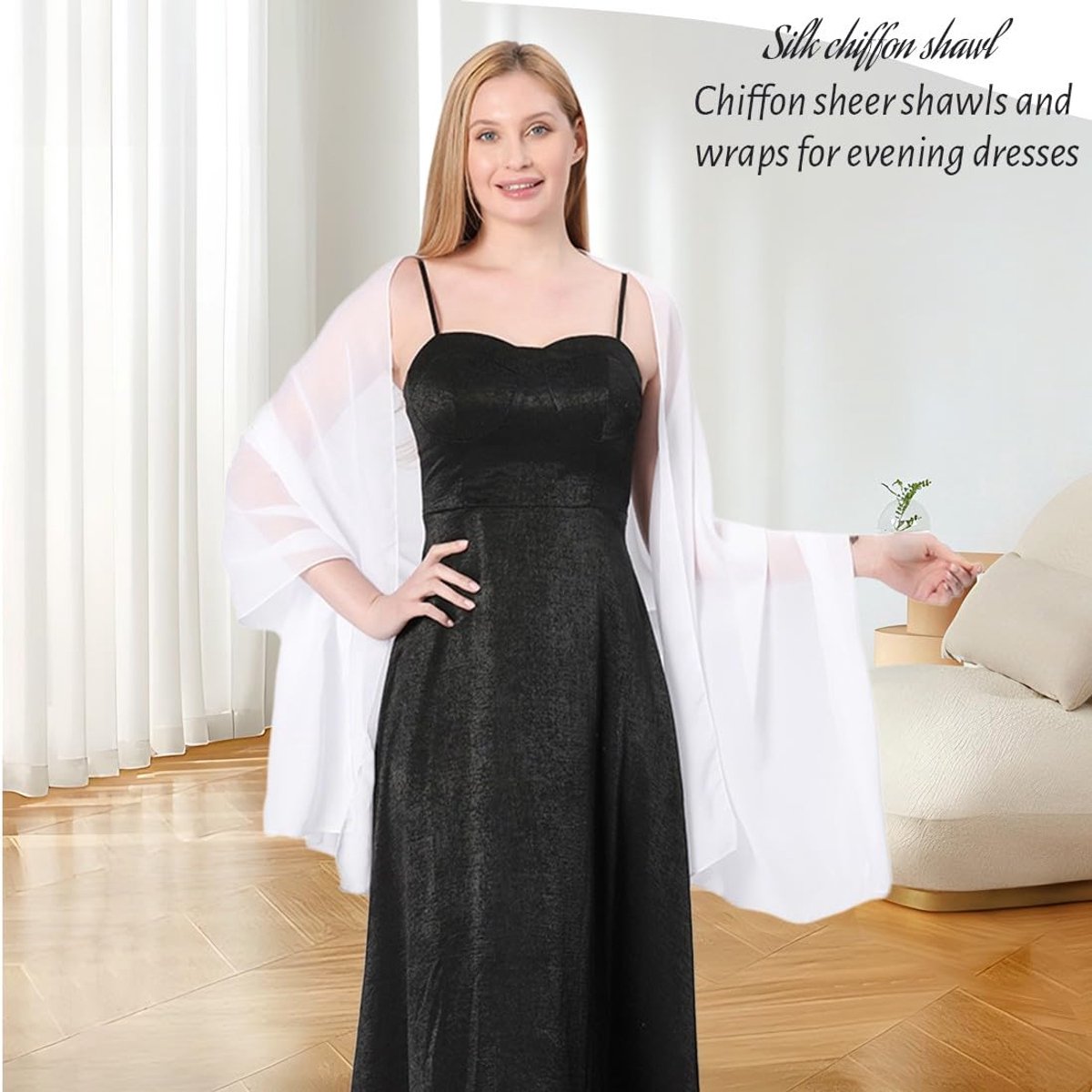 1 x sjaal voor dames, feestsjaal, damessjaal, stola's, elegante sjaal voor jurken, feestsjaals, glanzend, voor bruiloft, strand, avond, zomer, eenheidsmaat, wit