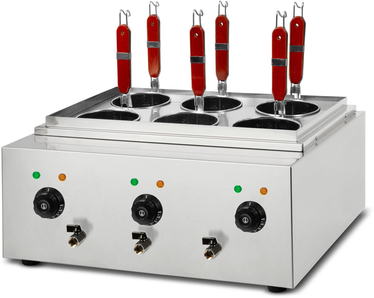 VERTES Gastro pastakoker, roestvrij staal, elektrisch, 3 x 1700 watt, 3 aparte kookbakken van elk 6 liter, 6 pastamandjes, 3 aftapkranen, 3 temperatuurinstellingen