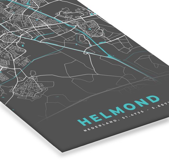 Poster in lijst - Fotolijst 80x120 cm - Posters - Plattegrond - Helmond - Grijs - Blauw - Posterlijst zwart - Decoratie - Wanddecoratie woonkamer - Muurdecoratie slaapkamer