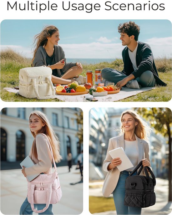 Lunchtas Dames Geïsoleerd - Dubbel Compartiment Lunch Bag - Lekvrije Lunchtas 11,8L - Gevoerde Lunch Koeltas - Schoudertas voor Werk, Picknick & Reizen - Zwart van PZCC — afbeelding 5