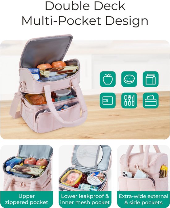 Lunchtas Dames Geïsoleerd - Dubbel Compartiment Lunch Bag - Lekvrije Lunchtas 11,8L - Gevoerde Lunch Koeltas - Schoudertas voor Werk, Picknick & Reizen - Zwart van PZCC — afbeelding 4