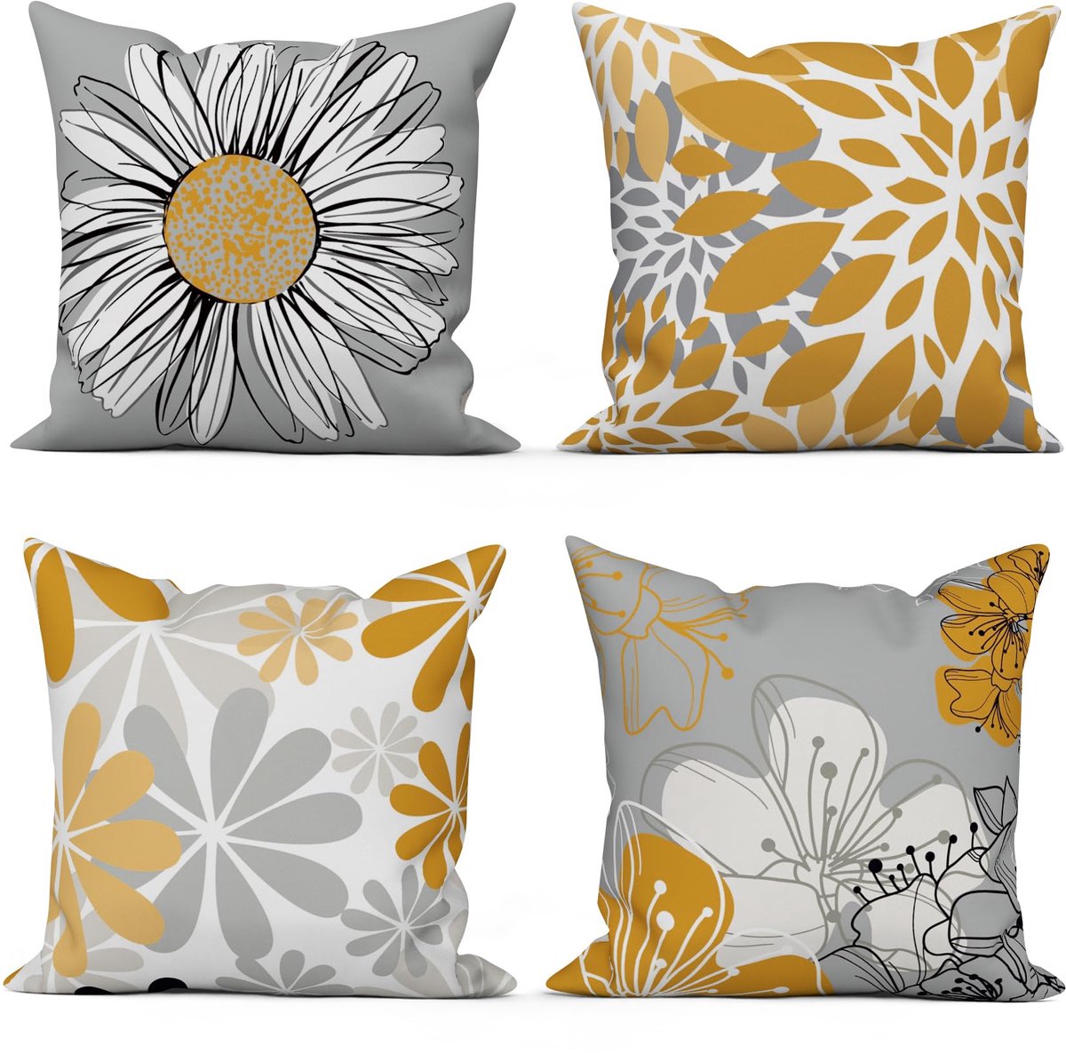 Kussensloop 50x50 cm Set van 4, Modern Geel Grijs Bloemen Patroon Sofa Deco Kussenovertrek Kussenhoezen Kussenhoes Wasbaar Polyester Vlas Textiel Outdoor Hoofdkussenbeschermer Kussen