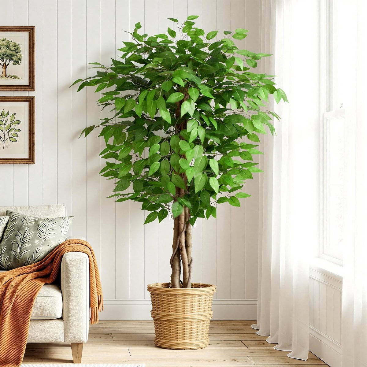 4ft Ficus kunstbomen met natuurlijke gebogen stammen, 120 cm hoge kunstplanten boom voor binnen, nep ficus boom groen levensecht woondecoratie