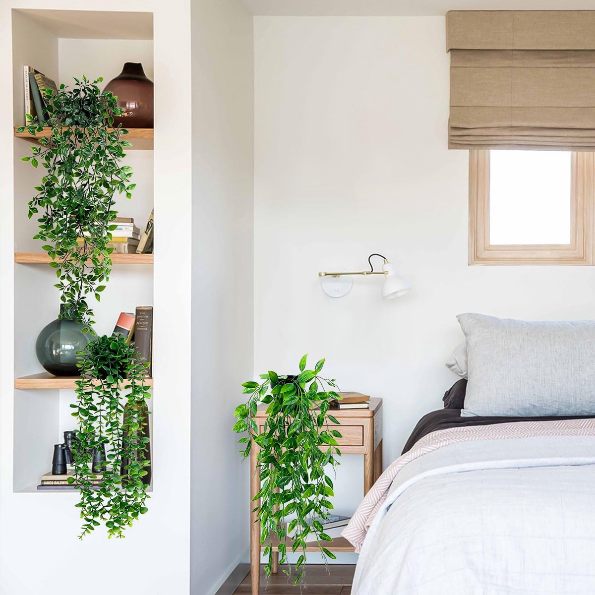 Kunsthangplanten met potten, 3 stuks, hangende kunstplanten, eucalyptus, bladeren, 65 cm lang, onderhoudsvrije kunstplanten, wijnstok voor kantoor, tuin, feest, wanddecoratie