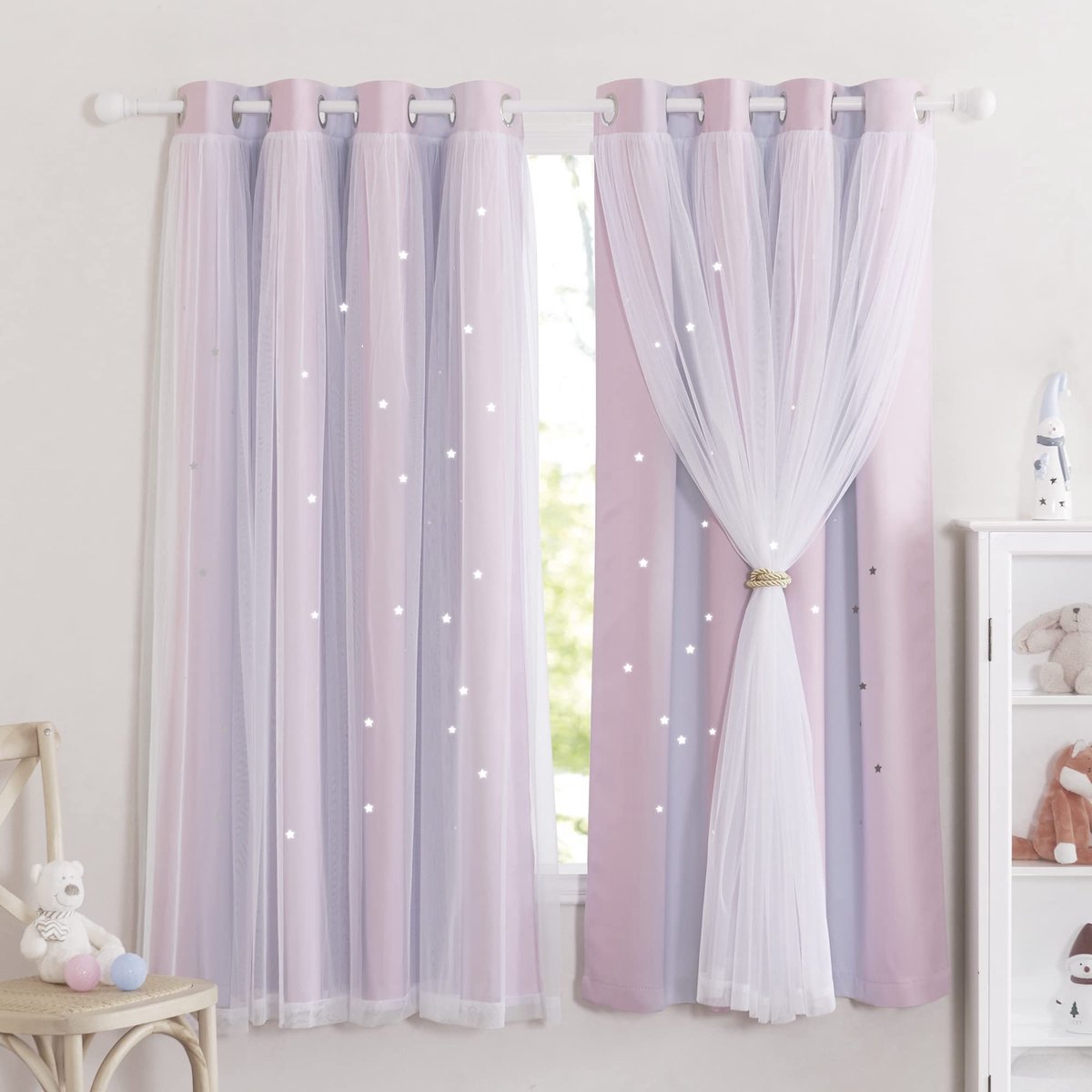 Gordijnen voor kinderkamer, voor meisjes, set van 2 dubbellaagse verduisteringsgordijnen, holle sterren en voile, decoratie, kort, H 160 x B 132 cm, roze en paars