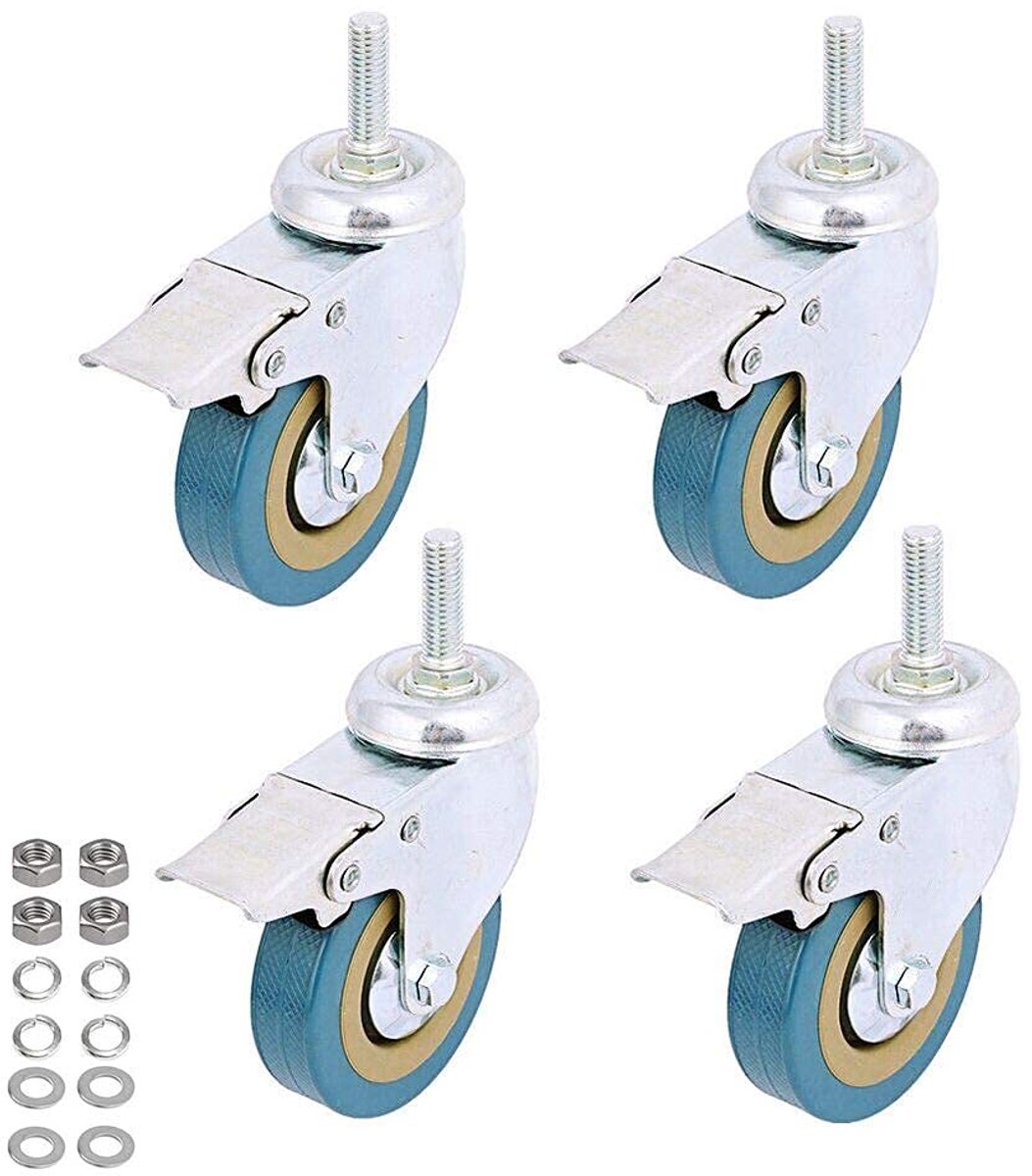 4-pack, WeFoonLo vergrendelbare schroefdraadsteelbevestiging 3" zwenkwiel met rem voor trolley, karren, meubels, werkbank (M10 schroefdraadsteel)