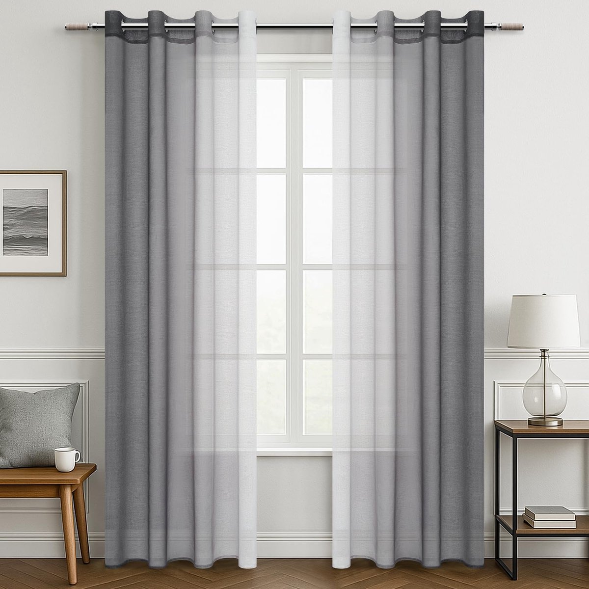 Gordijnen met ingestanste ringen, transparante woonkamer, moderne set van 2, kleurverloop, grijs, raamgordijnen doorzichtig, voor de slaapkamer, 230 cm lang, 140 cm breed, gordijn met