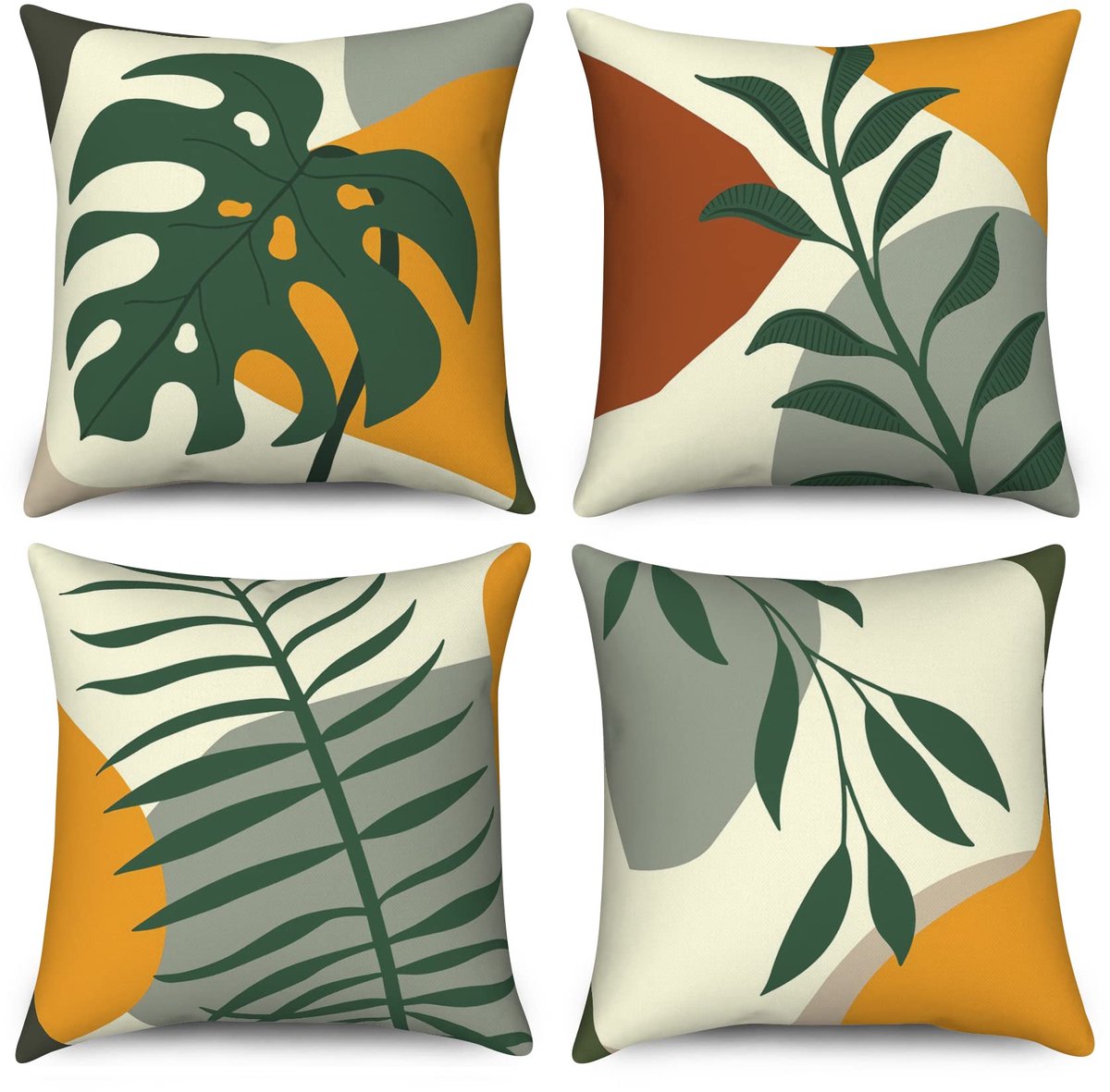 kussenslopen 40 x 40 cm set van 4, abstracte bladeren natuur planten decoratieve sierkussenhoezen midden eeuw moderne minimalistische esthetische kunst linnen kussenslopen voor bank bank