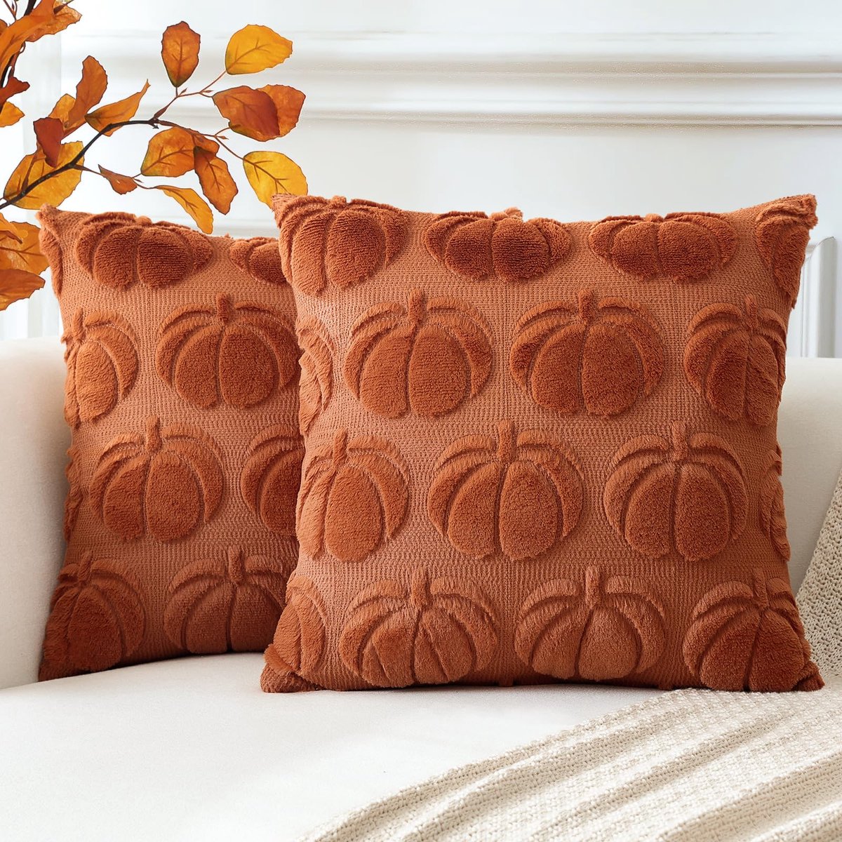Set van 2 wollen pompoen kussenslopen, zacht pluche, kort wolfluweel, decoratieve kussenhoezen, herfst, kussenovertrek, bankkussen, herfstdecoratie voor bank, slaapkamer, Halloween, karamel