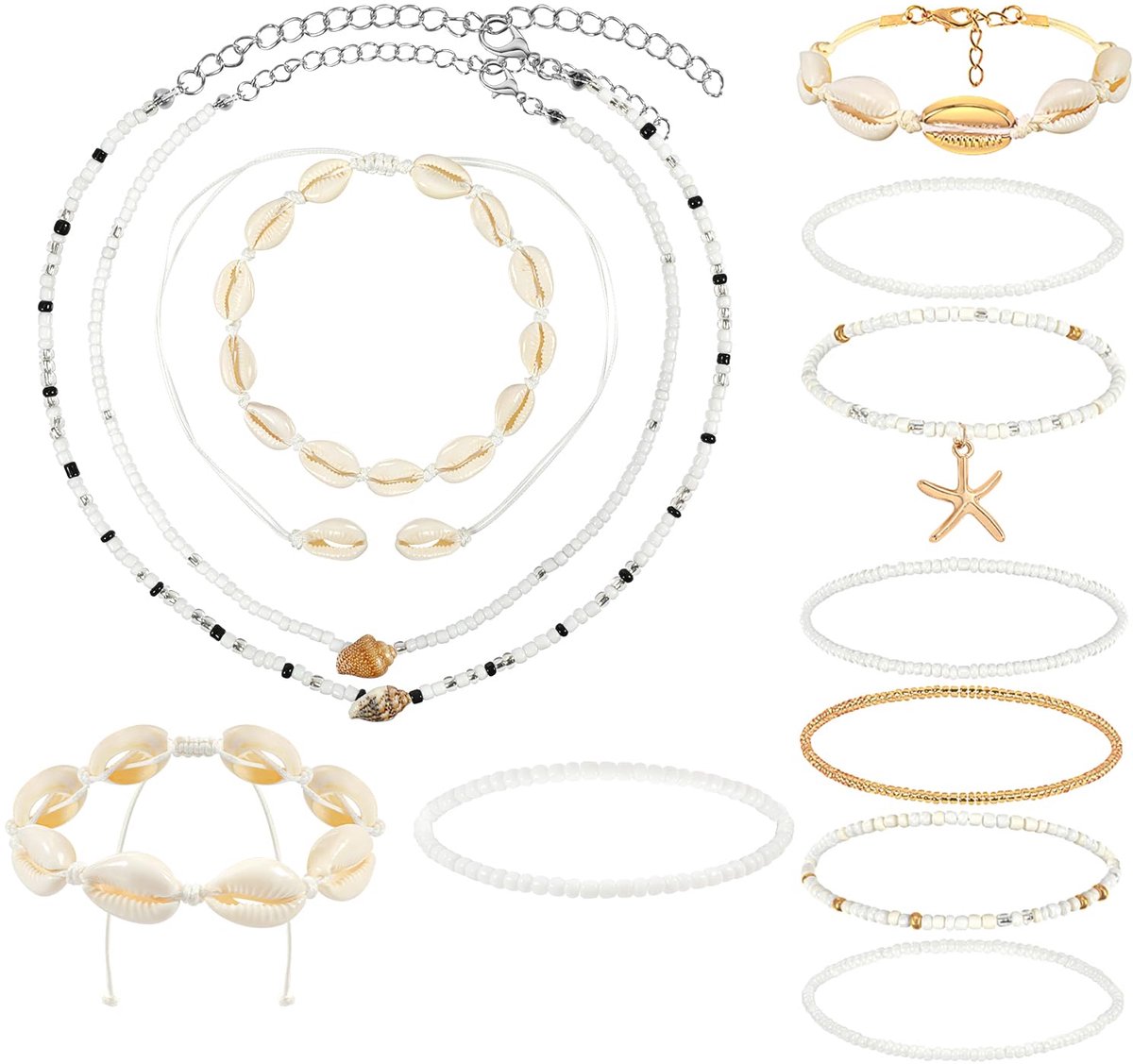 12 stuks schelpkettingen voor dames, halsketting armband set met boho choker en perlenarmband set, schelp decor sieraden