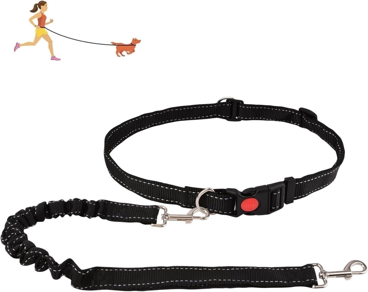 Handvrije hondenriem, 1 stuks verstelbare hondenriem, reflecterende bungee-looplijn met verstelbare heupriem voor training, wandelen, wandelen, zwart