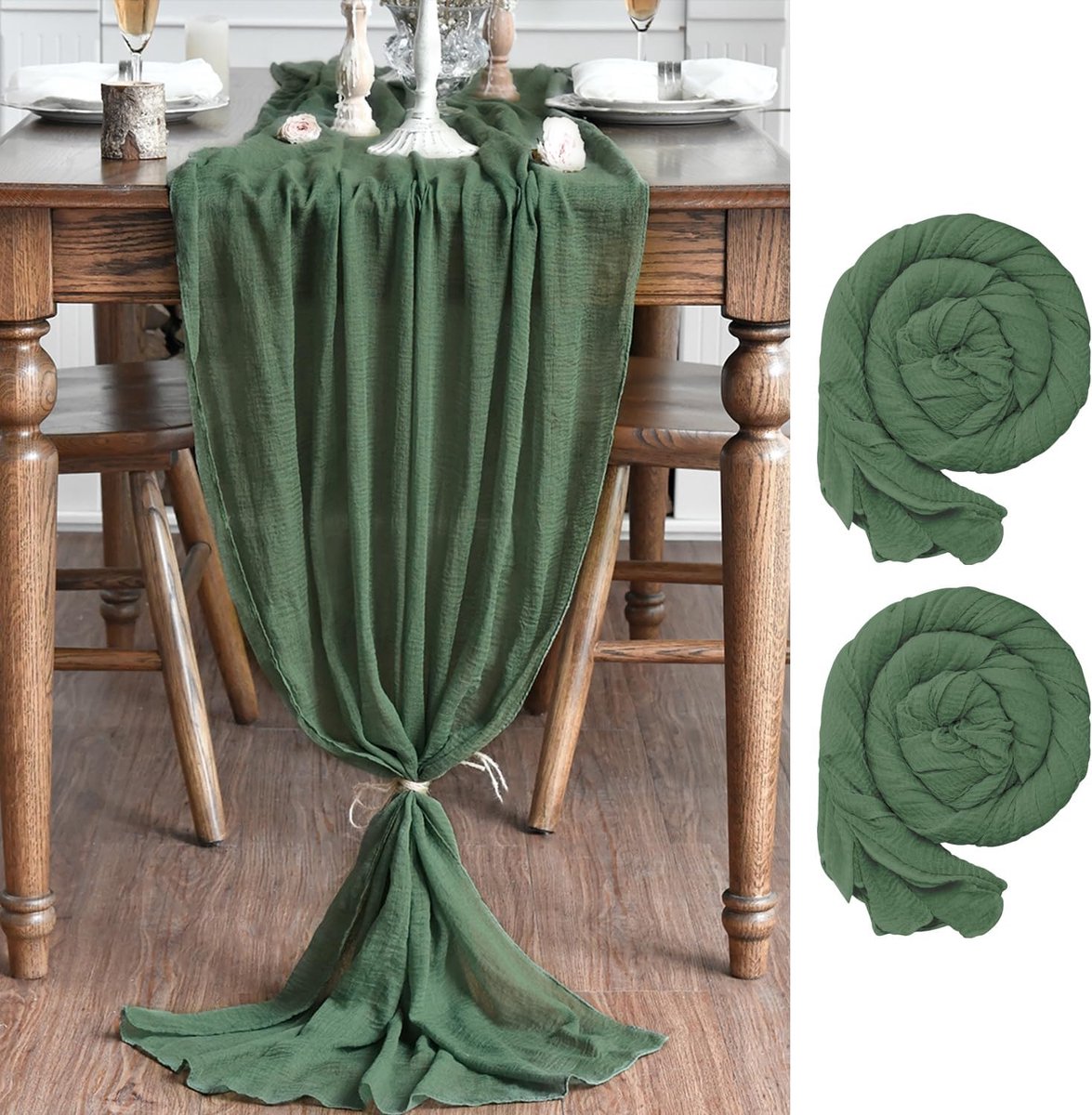 Mode Tafelloper van gaas, boho-stijl, gaas, bos, groen, 80 x 300 cm, keukentafeldecoratie voor binnen, vakantie, bruiloft, feest, verjaardag, 2 stuks