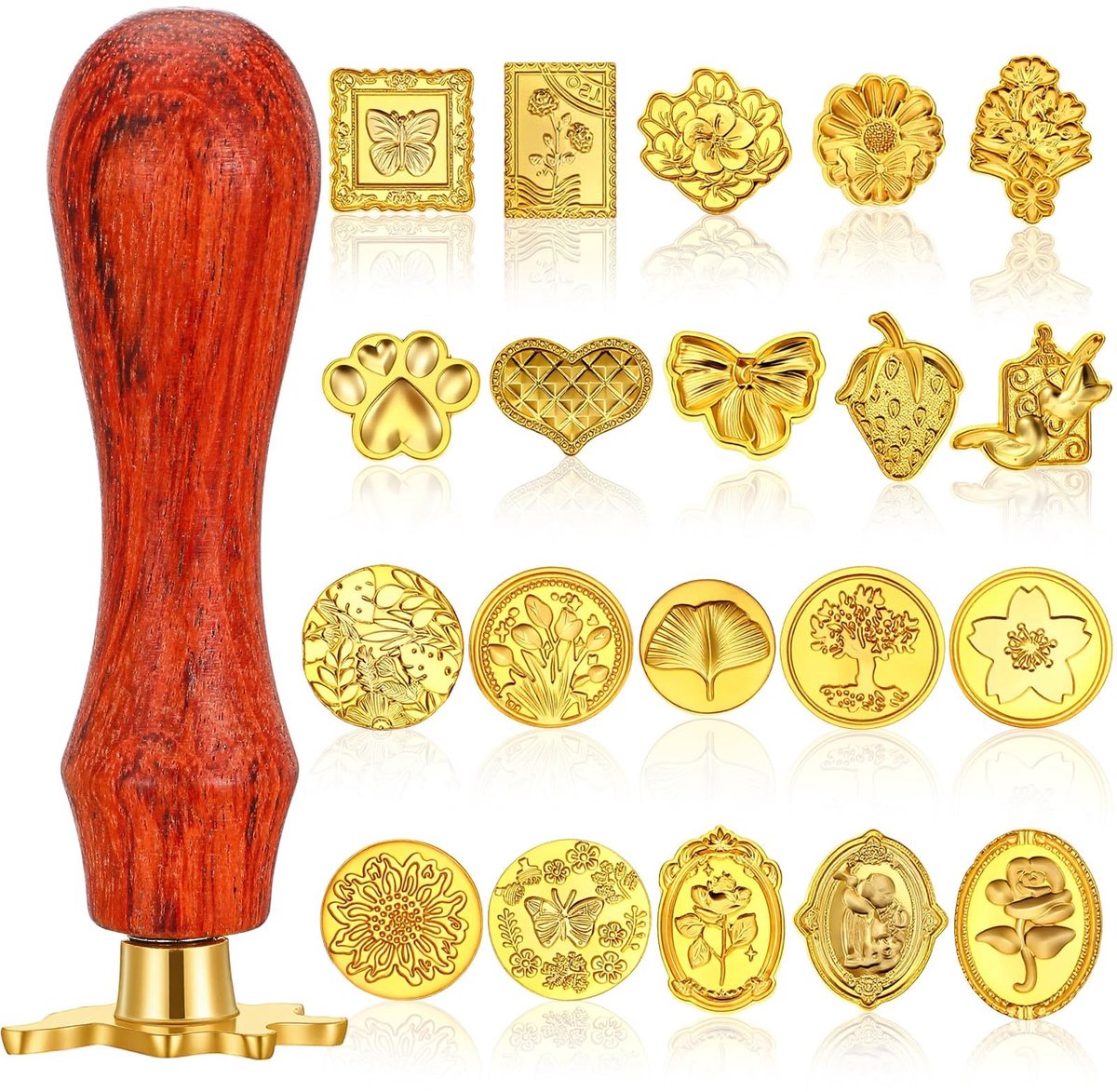 Dailygoods - 20 stuks zegelstempelset, kerststempel, poststempel, kop, wasstempel, koppen met massief houten handvat, gouden bloemen, zegelstempelkop, handwerk voor brieven, wenskaarten, museumstempels