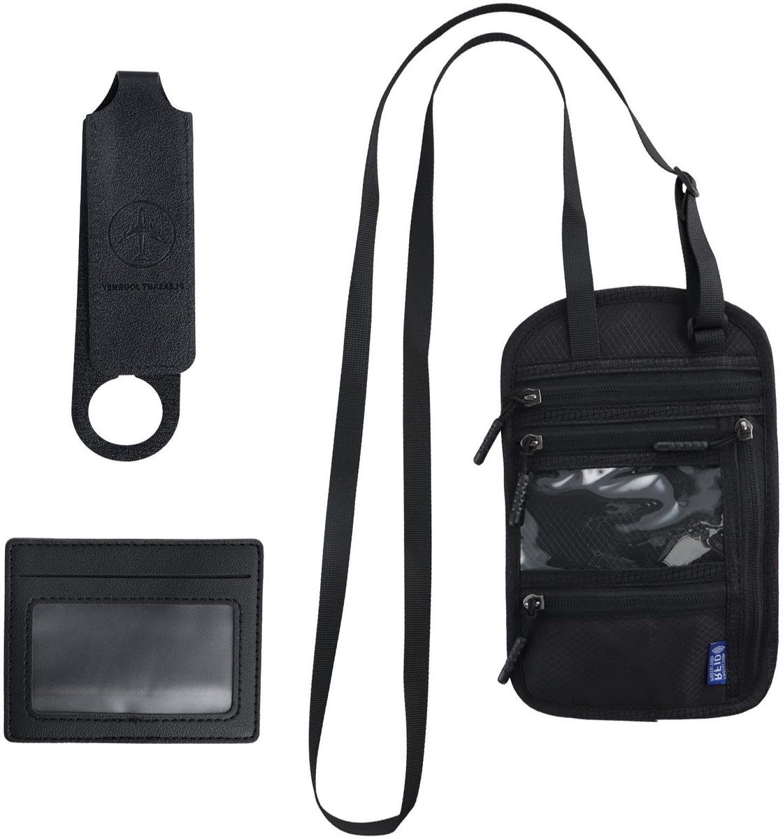Dailygoods - RFID-blokkerende paspoorthouder reisportemonnee set - waterdichte reisdocumentenorganizer met verstelbare nekriem, kaarthouder en bagagelabel voor veilige reis (zwart)