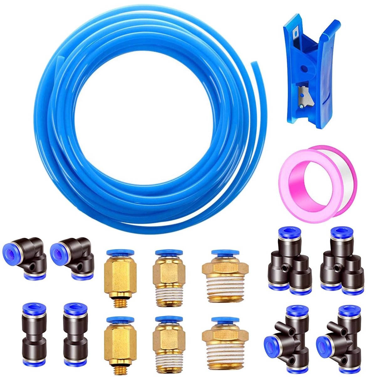 Dailygoods- Pneumatische Slang 10 m - Polyurethaan (PU) - 4 mm Buitendiameter - 14 Verbindingsstukken - Slangsnijder - Hoge Flexibiliteit - Persluchtslang