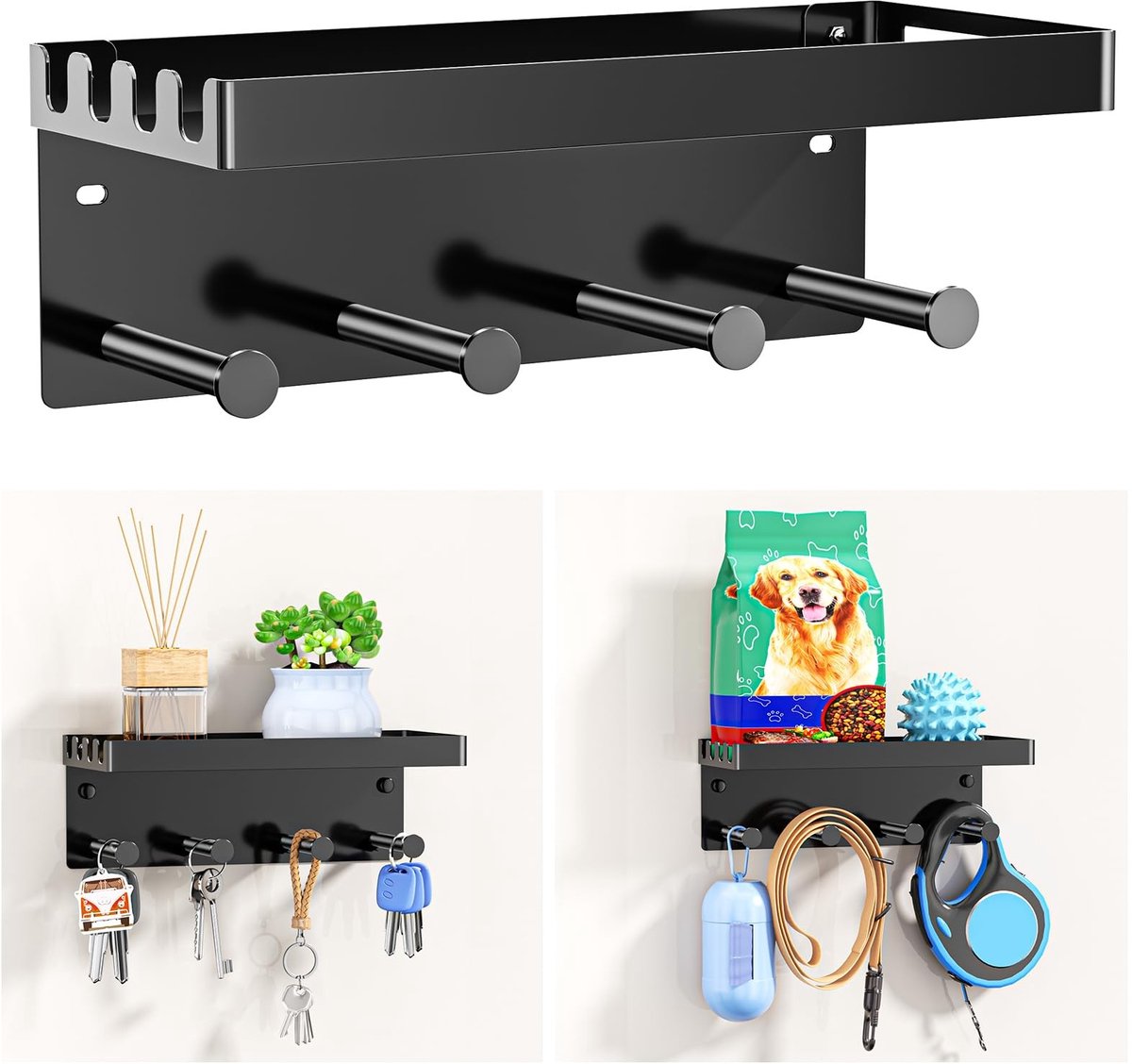 Dailygoods- Hondengarderobe Met Plankje - Sleutelrek - Sleutelhouder Muur - Antislip Beugel - Stabiele Structuur - Matzwart Metaal - Kapstok