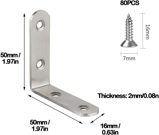 20 stuks hoekbeugels roestvrijstalen hoekbeugels, 90 graden hoekbeugel met 80 schroeven, metalen beugels voor het bevestigen en repareren van houten meubels (zilver, 50*50*20mm) — afbeelding 2