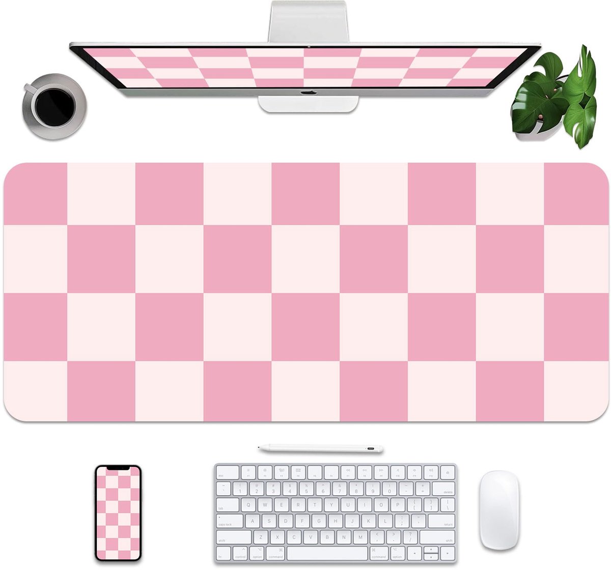 Leren Muismat Beschermer, Grote Bureau Mat met PU Leer, Anti-slip Bureau Onderlegger, Waterdicht Schrijf Onderlegger voor Kantoor en Thuis (Roze Plaid, 35.4“ x 15.7”)