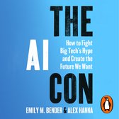 Boekomslag voor 'The AI Con' met blauwe achtergrond en grote witte en zwarte letters.