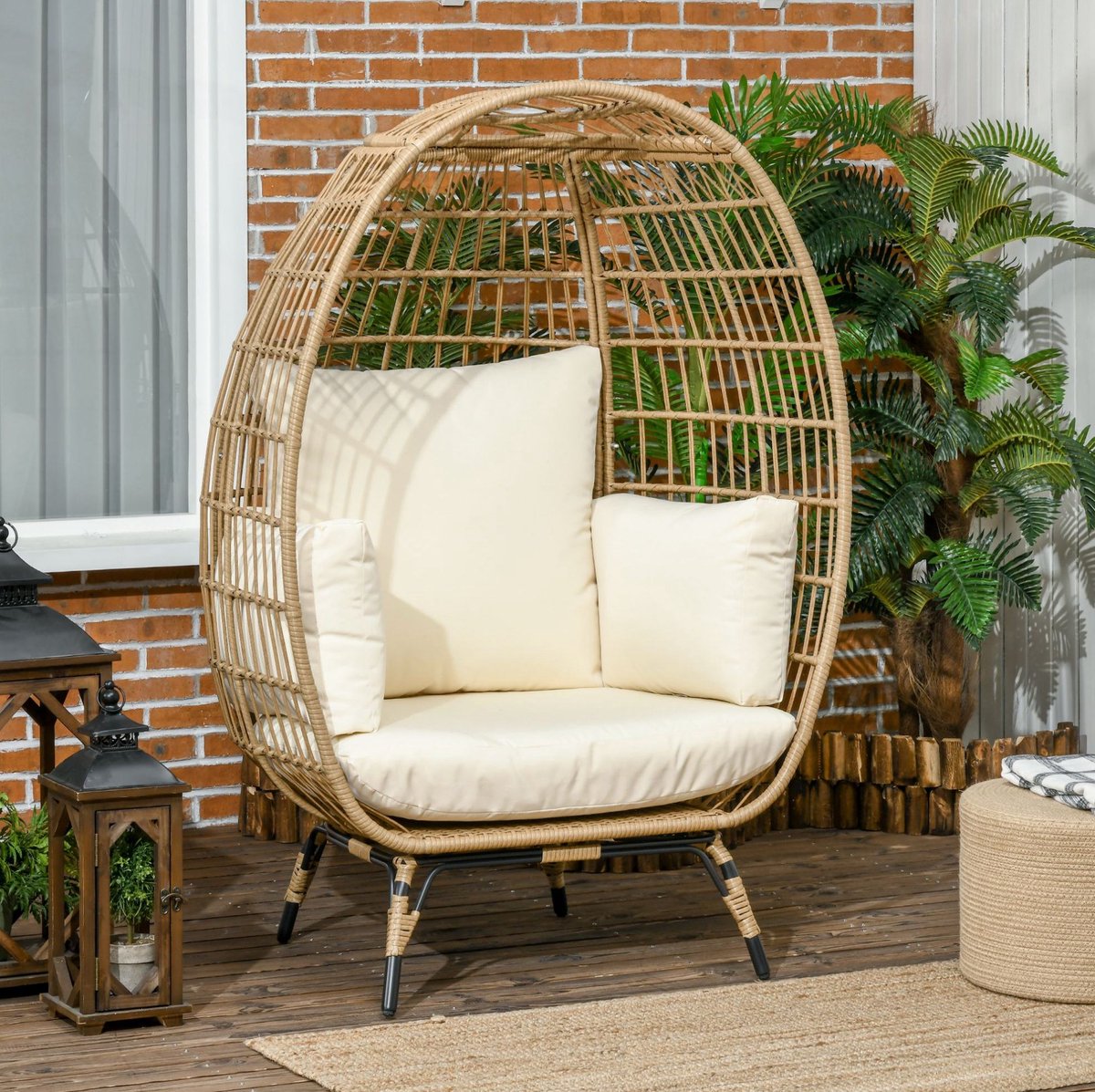 MIVRAY Fauteuil 105 x 90 x 148 cm - Rotan Korfstoel Met Dikke Kussens En Verstelbare Voeten - Voor Balkon En Terras - Metaal Khaki