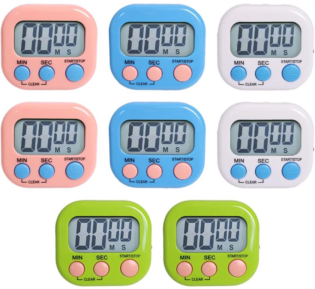 8-delige kleurrijke keukentimer, magnetisch, met 4 kleuren, stopwatch, magnetisch, stopwatch met groot LCD-scherm, mini-keukentimer voor keuken, koken, douche, sport, fitnessstudio