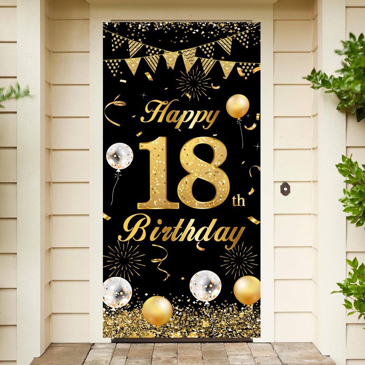 18e verjaardag banner zwart goud, 18 jaar verjaardag decoratie deur achtergrond voor jongens meisjes, grote stof 18e verjaardag party decoratie deurbanner voor tafel muur decoratie, 180 x 90 cm
