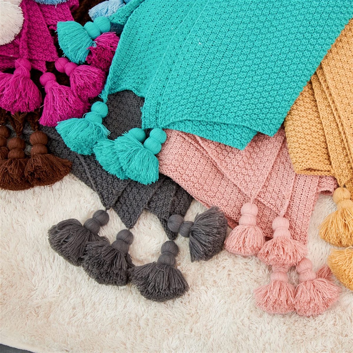 Gebreide Deken for Sofa Shawl Macrame Tassel Pompom Gebreide bedsprei-deken Zachte deken (Color : Dark gray, Size : 130x170cm)