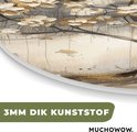 Ovaal kunstwerk van 3 mm dik kunststof met een beige, gouden en grijze boom met bloesems.